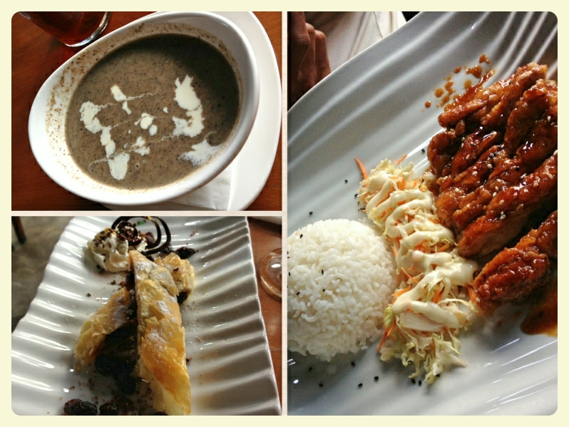 Clockwise : Mushroom Soup, Chicken Teriyaki with Rice, Apple Strudel