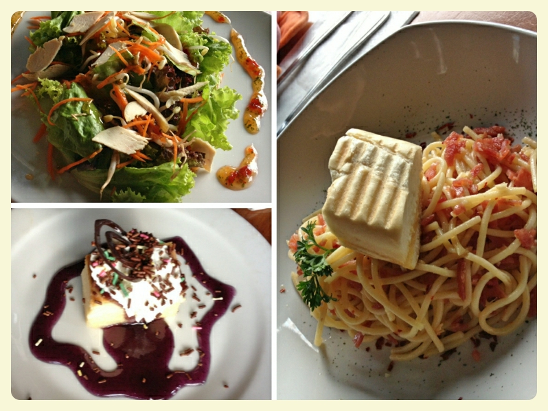 Clockwise : Thai Chicken Salad (App), Spaghetti A.O.P (Aglio Olio), Cheese Cake 
